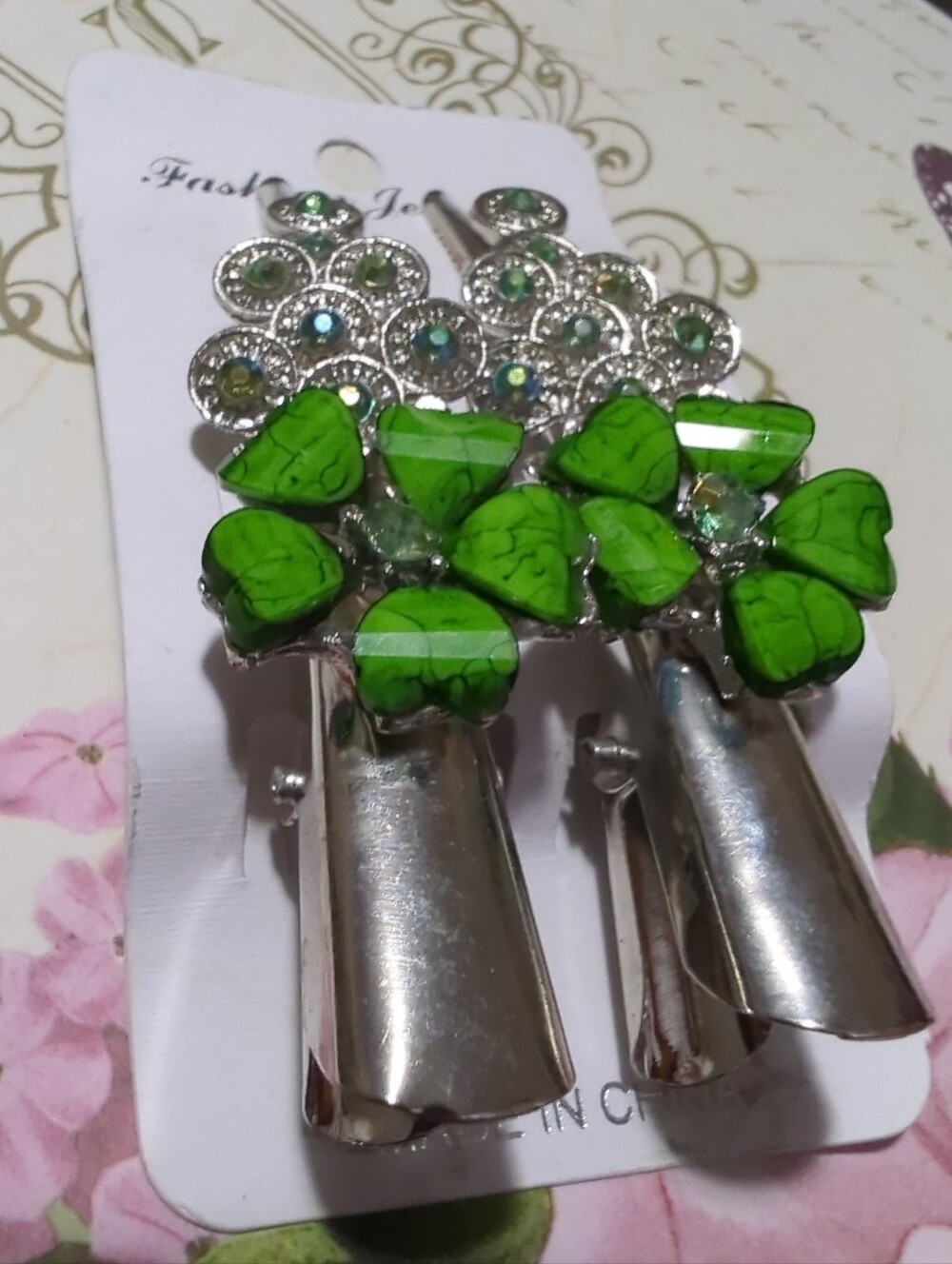 Pair of New / Old Stock Silver Tone Green Jeweled Pelican Style Hair Clips